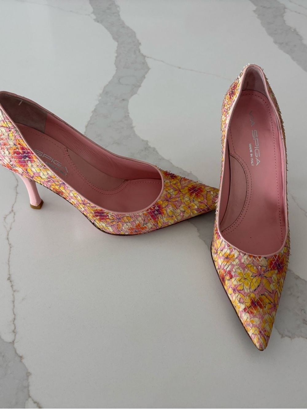 Via Spiga Pink and Yellow Floral Pointed-Toe Pumps